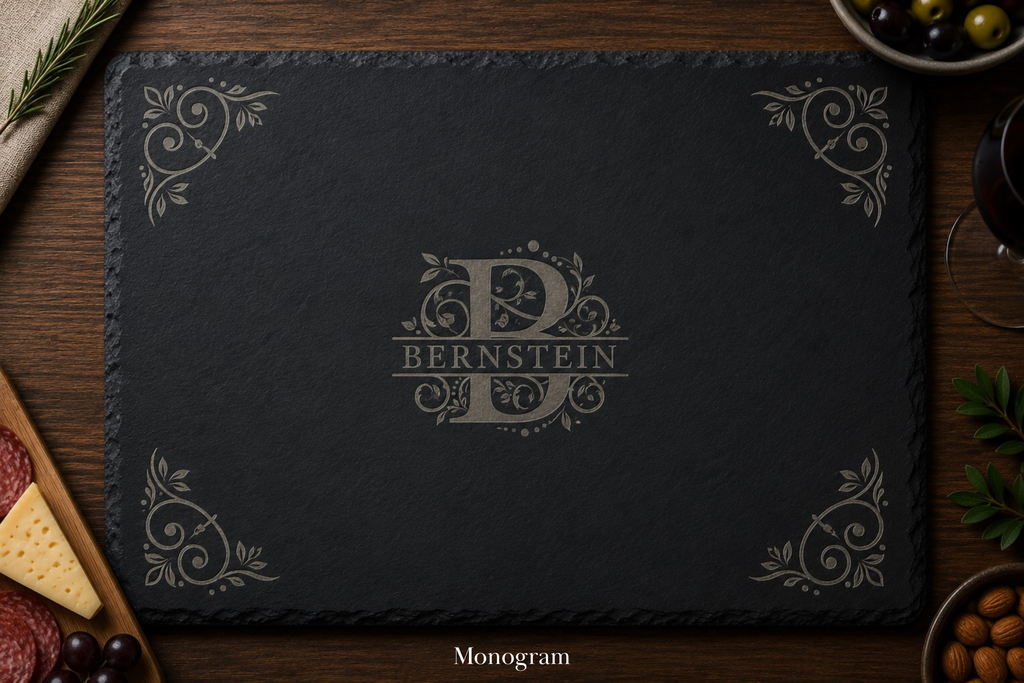 Black slate cutting board with 'Bernstein' monogram on a wooden surface with food items.