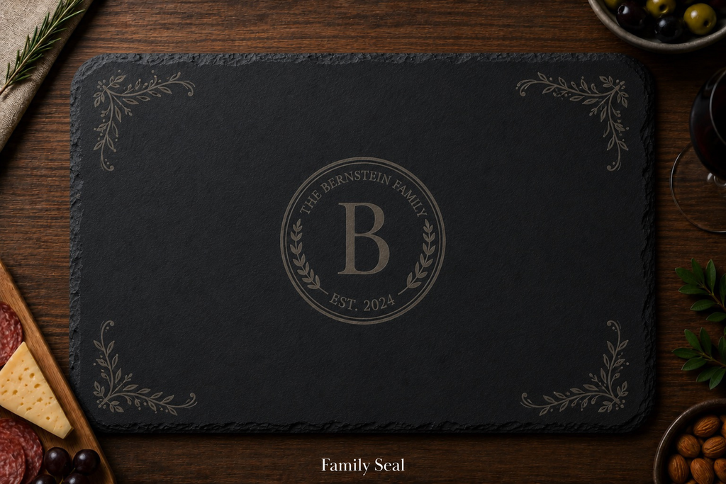 Black slate cutting board with engraved 'B' and 'Bernstein Family' text on a wooden surface.